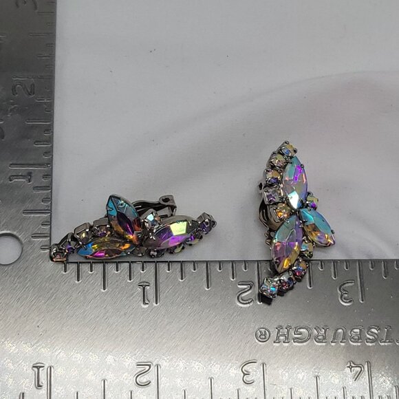 Vintage Aurora Borealis Rhinestone Clip-On Earrings Silver Tone Formal Sparkle - Picture 4 of 9